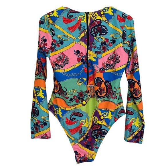 Women's Size LARGE Multicolor Long Sleeve Crew Neck Artsy Bodysuit - Picture 2 of 2